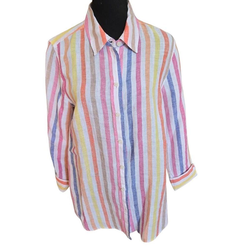 Talbots Womens Rockport Stripe Button-up Linen Boyfriend Shirt Multicolor Sz PL